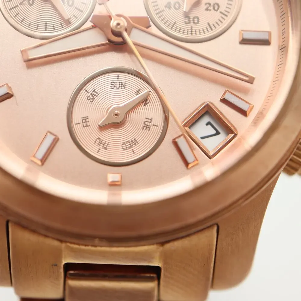 Michael Kors Rose Gold Tone Mecaquartz Chronograph Watch 33mm Date w New Battery